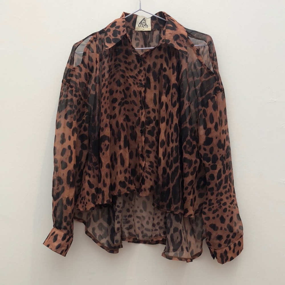 UNIF Sheer Cutout Leopard Print Blouse XS Button